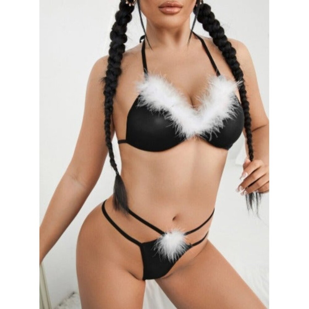 Size 8 (Medium)  Black Contrast Fuzzy Tied Backless Lingerie Set
